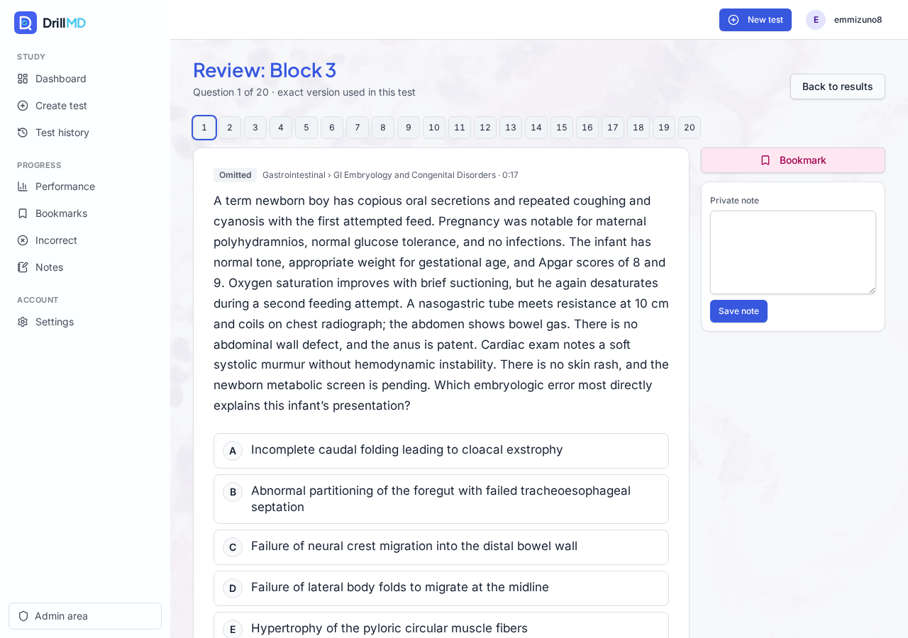 A DrillMD question with answer choices and a private note panel
